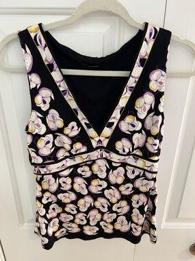 Elie Tahari Black Tank with Purple & Yellow Floral Motif